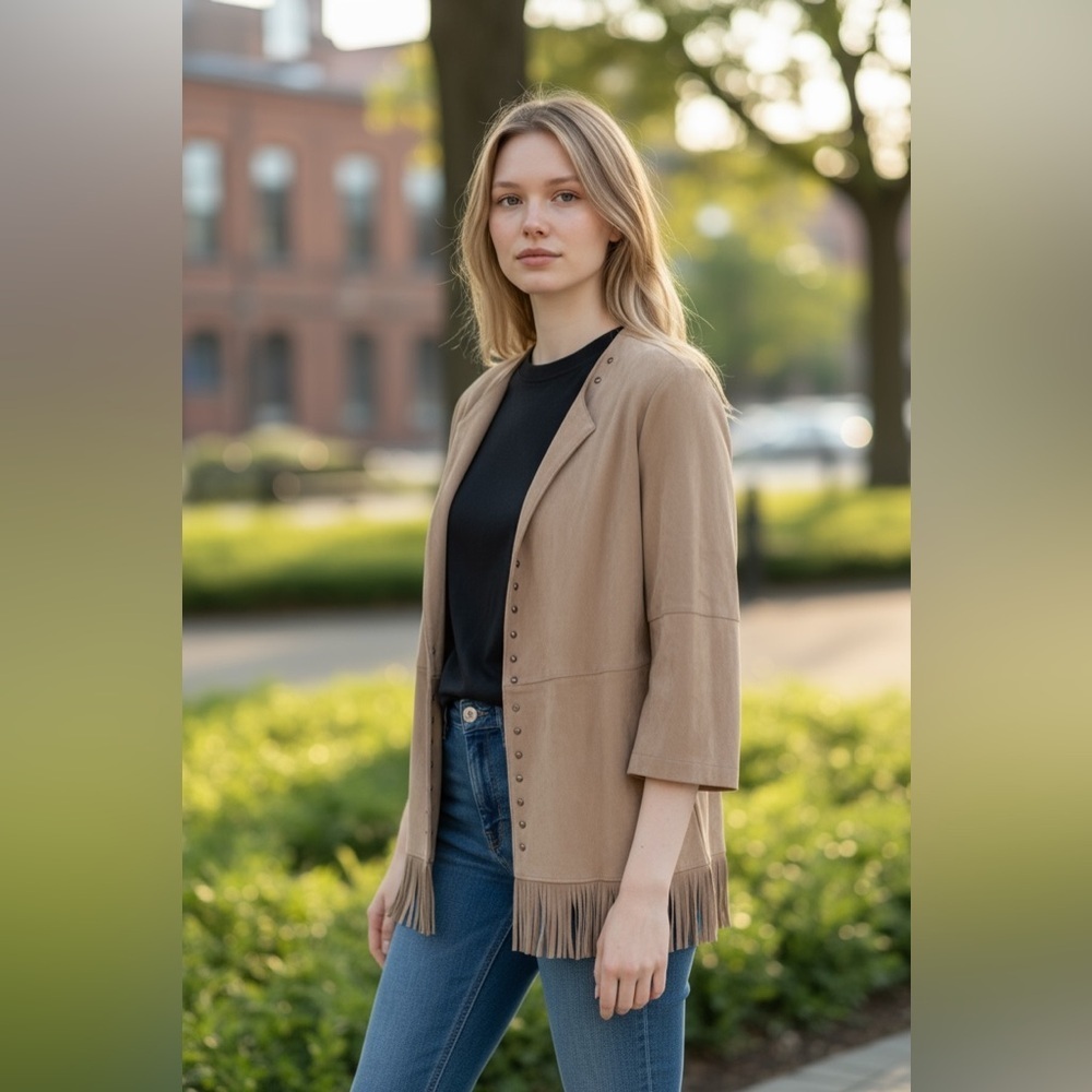 Allison Daley Faux Suede 3/4 Sleeve Open Front Jacket with Fringe